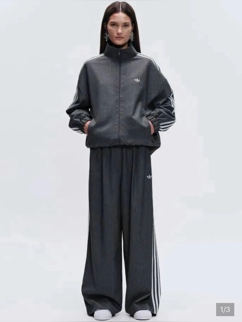 adidas Originals x ASOS wide leg track pants in gray pin stripe